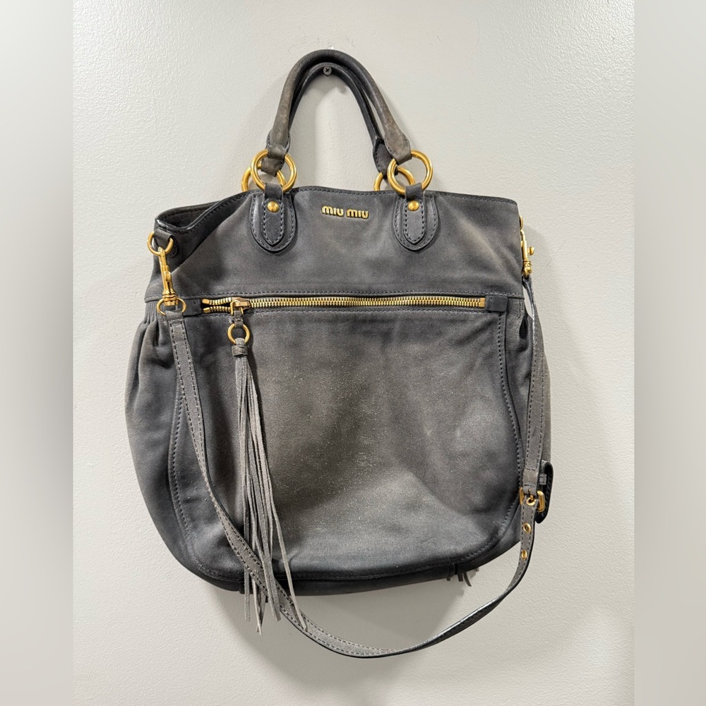 Miu Miu Gray Suede Leather Women’s Crossbody Satchel 2 Way Bag Fridge Vitello